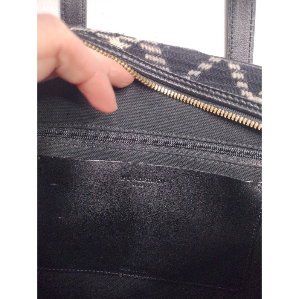 Burberry London Black White‎ Diagonal Plaid Wool Leather Satchel Handbag Italy - Picture 6 of 7